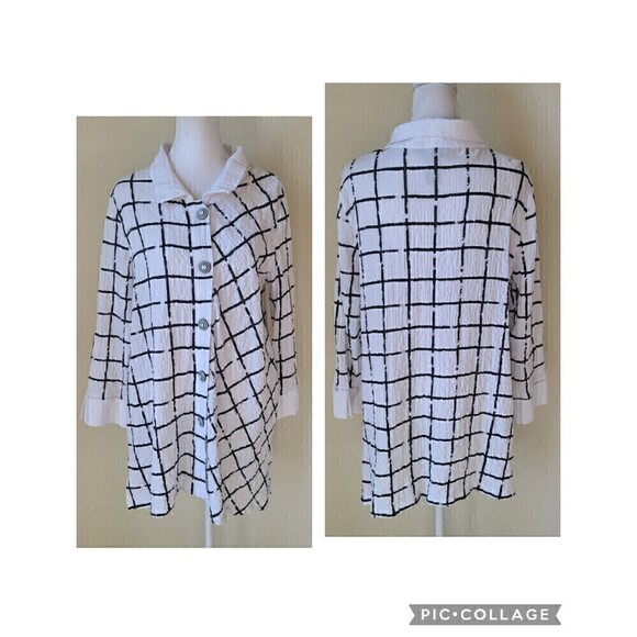 Ali Miles Art To Wear‎ Blouse Tunic Size Small Wire Collar Crinkle White Black - Picture 3 of 10